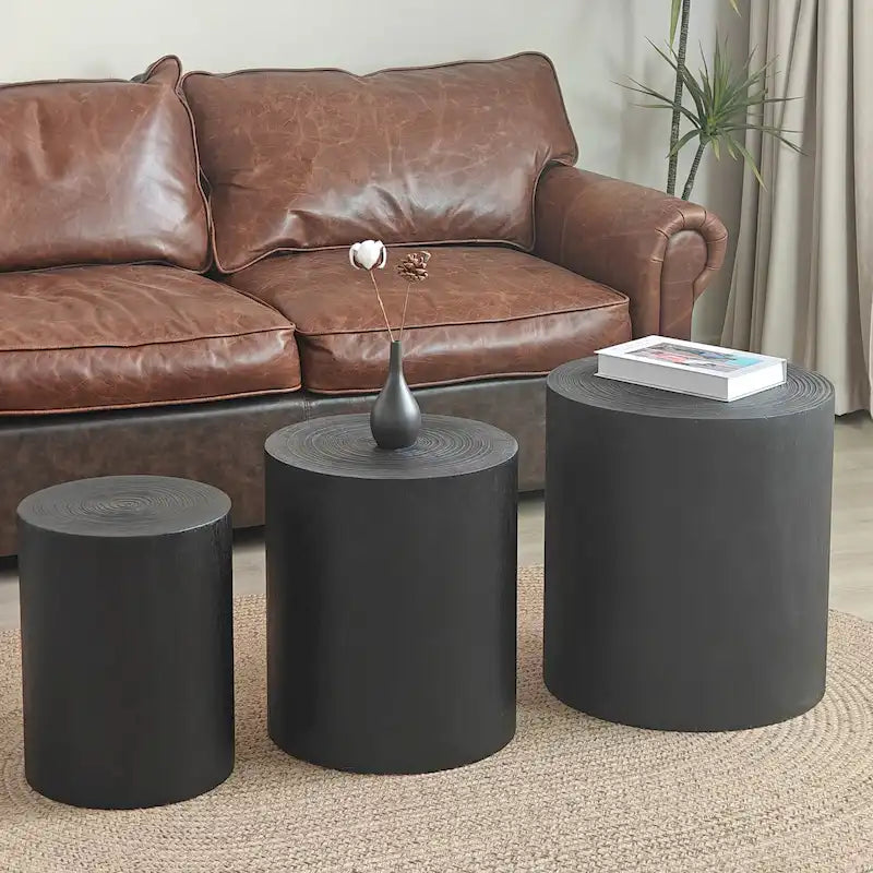 Table d'appoint cylindrique ronde en bois massif Noir Naturel Blanc
