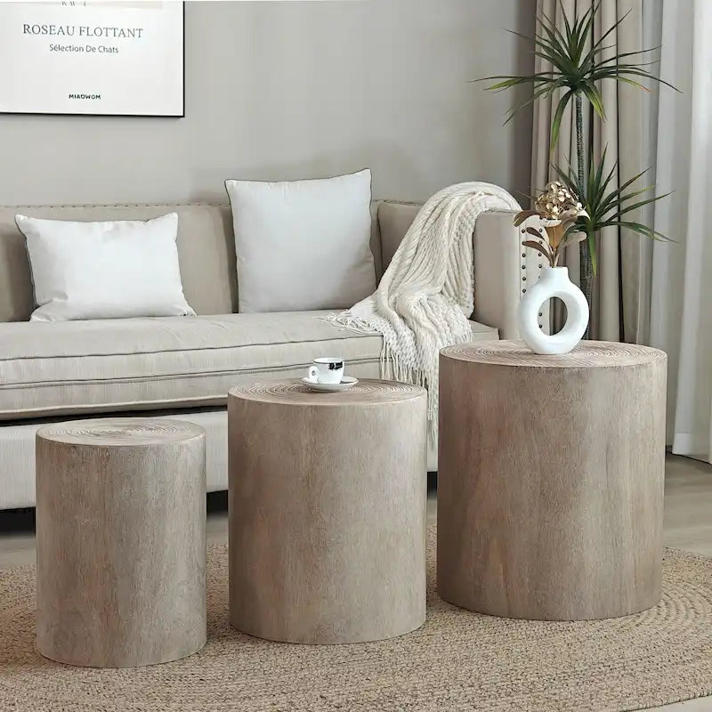 Table d'appoint cylindrique ronde en bois massif Noir Naturel Blanc