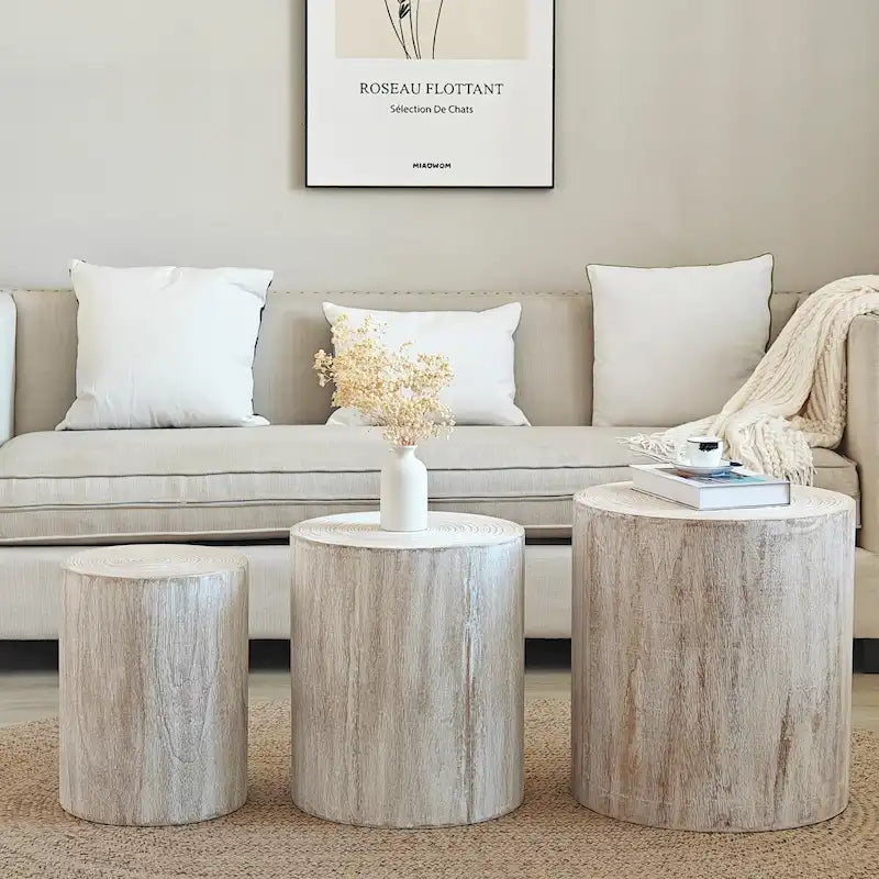 Table d'appoint cylindrique ronde en bois massif Noir Naturel Blanc