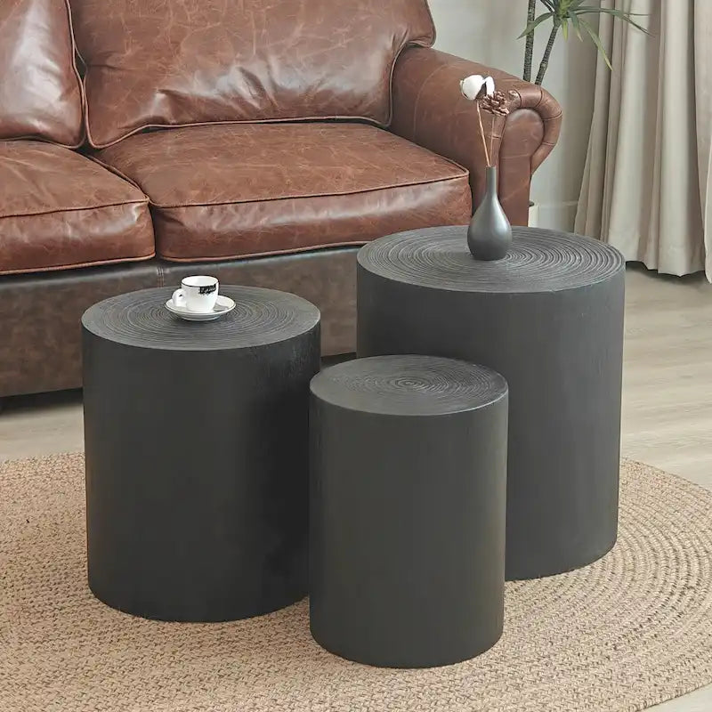 Table d'appoint cylindrique ronde en bois massif Noir Naturel Blanc