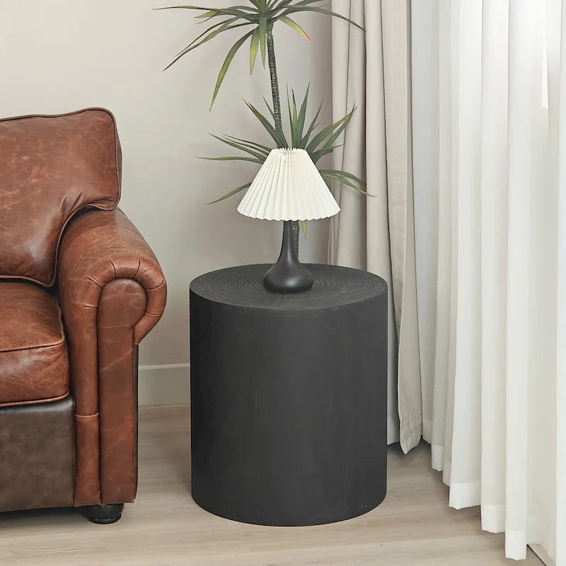 Table d'appoint cylindrique ronde en bois massif Noir Naturel Blanc