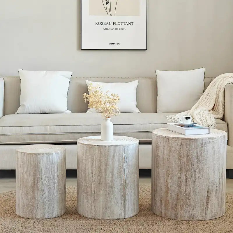 Table d'appoint cylindrique ronde en bois massif Noir Naturel Blanc