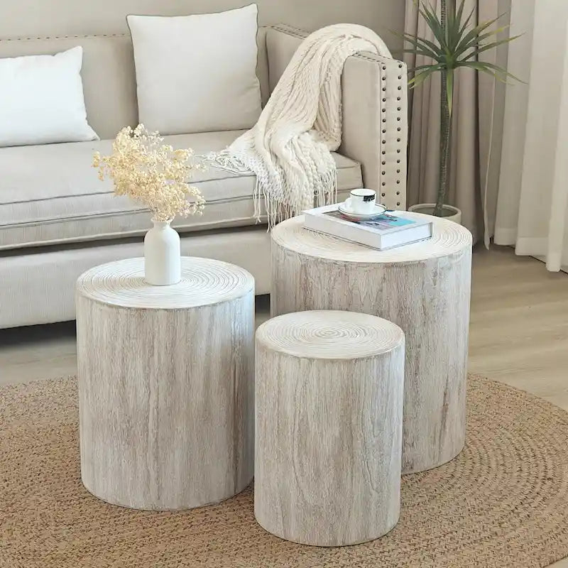 Table d'appoint cylindrique ronde en bois massif Noir Naturel Blanc