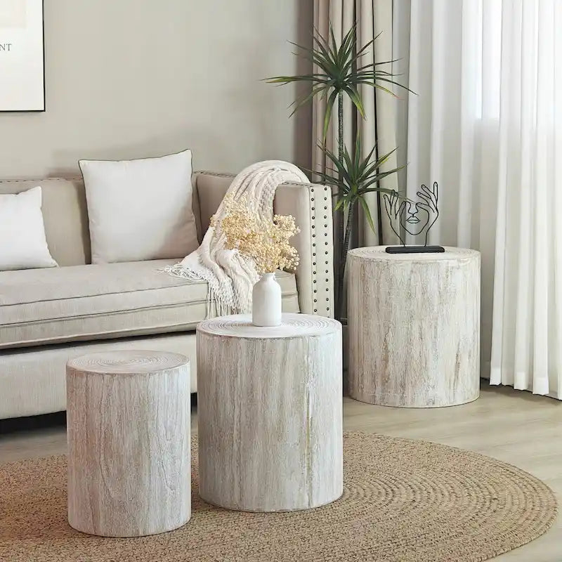 Table d'appoint cylindrique ronde en bois massif Noir Naturel Blanc