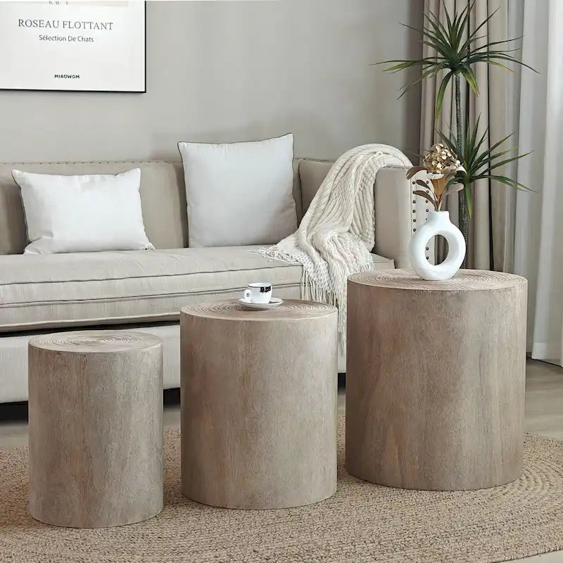 Table d'appoint cylindrique ronde en bois massif Noir Naturel Blanc