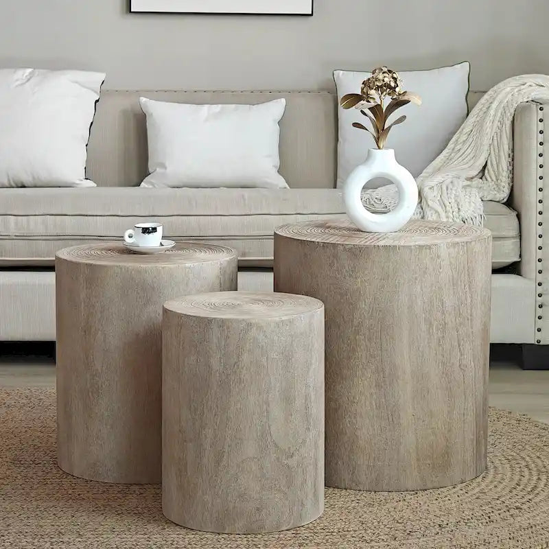 Table d'appoint cylindrique ronde en bois massif Noir Naturel Blanc
