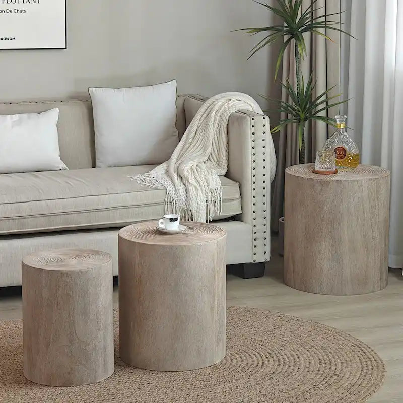 Table d'appoint cylindrique ronde en bois massif Noir Naturel Blanc