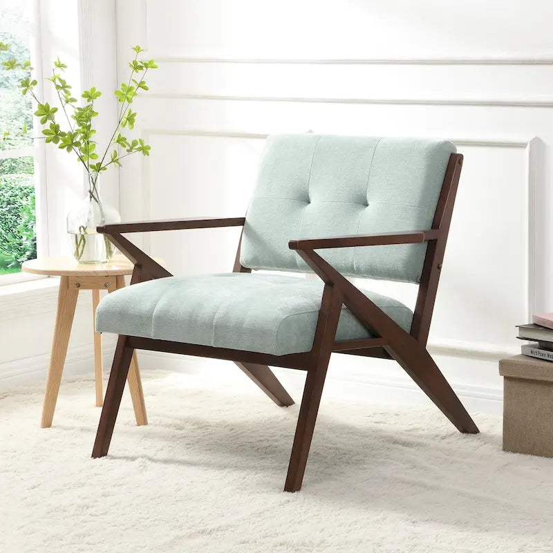 Fauteuil capitonné en tissu vert menthe de style Mid-Century avec piètement en bois massif en Z