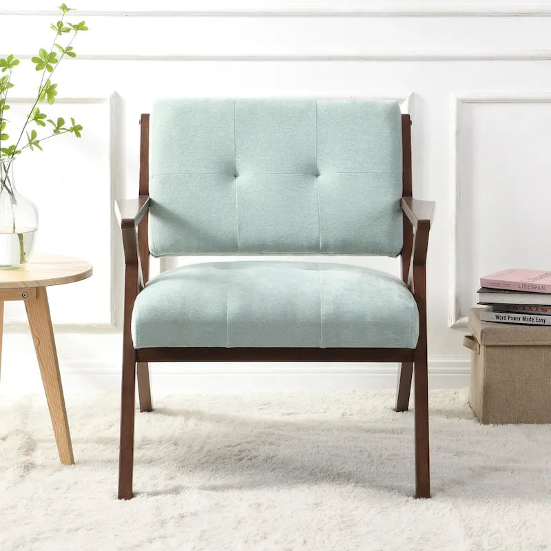 Fauteuil capitonné en tissu vert menthe de style Mid-Century avec piètement en bois massif en Z
