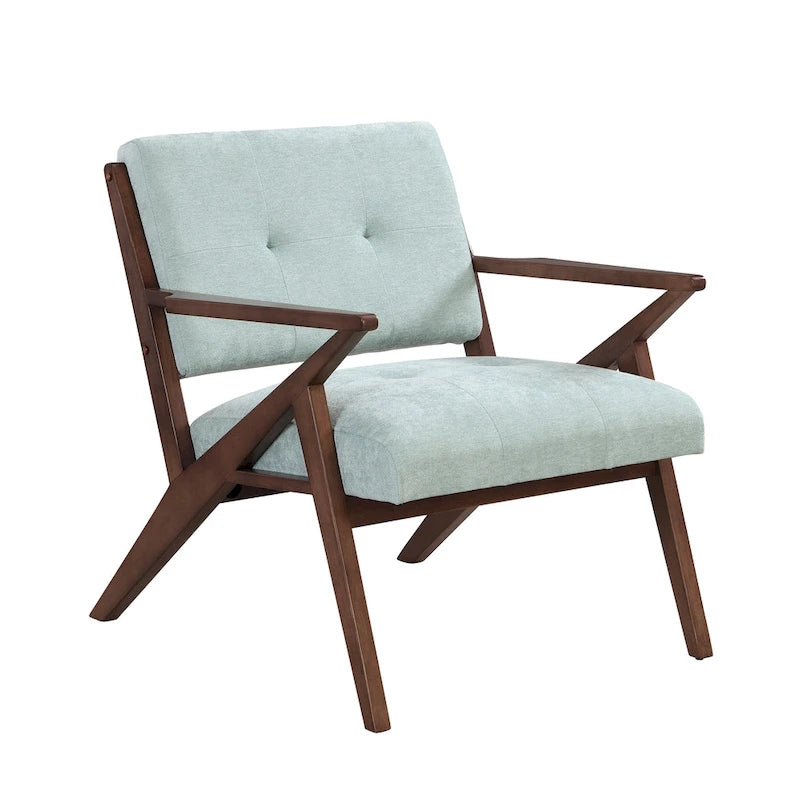 Fauteuil capitonné en tissu vert menthe de style Mid-Century avec piètement en bois massif en Z