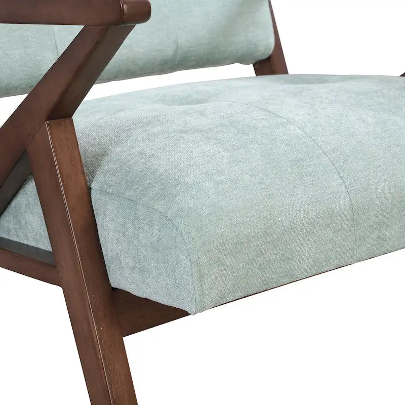 Fauteuil capitonné en tissu vert menthe de style Mid-Century avec piètement en bois massif en Z