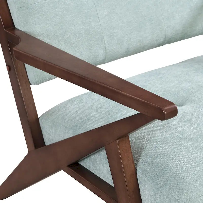 Fauteuil capitonné en tissu vert menthe de style Mid-Century avec piètement en bois massif en Z