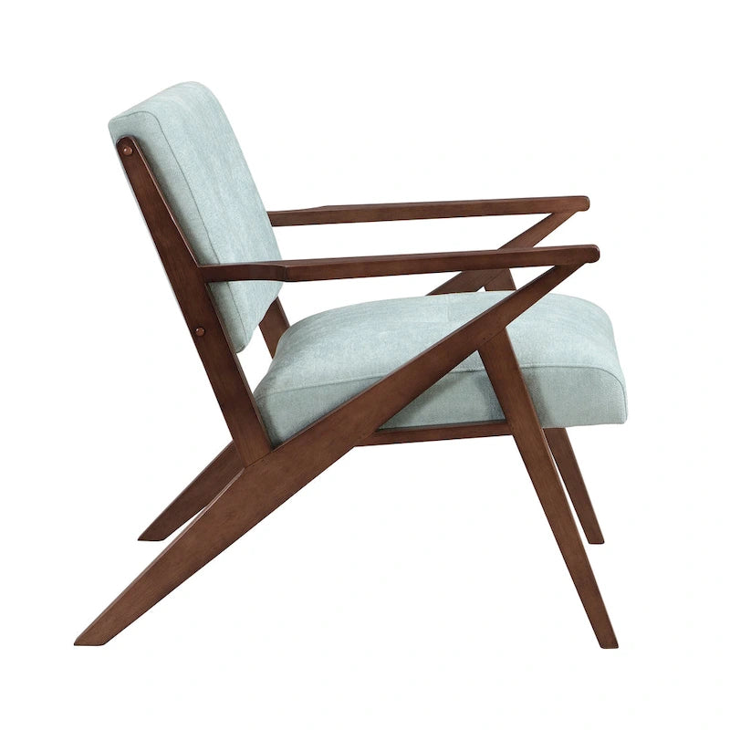 Fauteuil capitonné en tissu vert menthe de style Mid-Century avec piètement en bois massif en Z