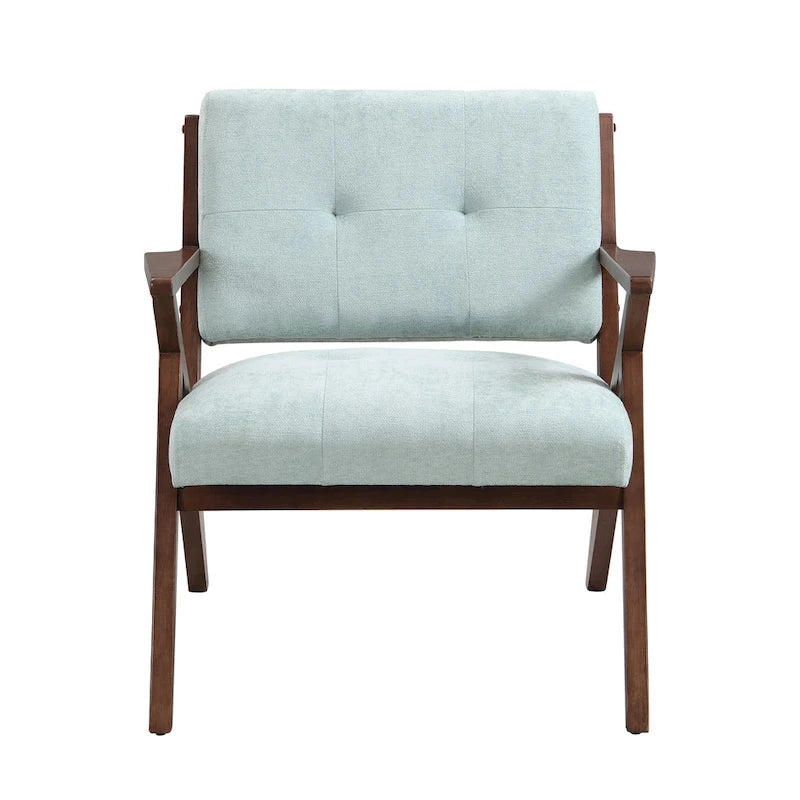 Fauteuil capitonné en tissu vert menthe de style Mid-Century avec piètement en bois massif en Z