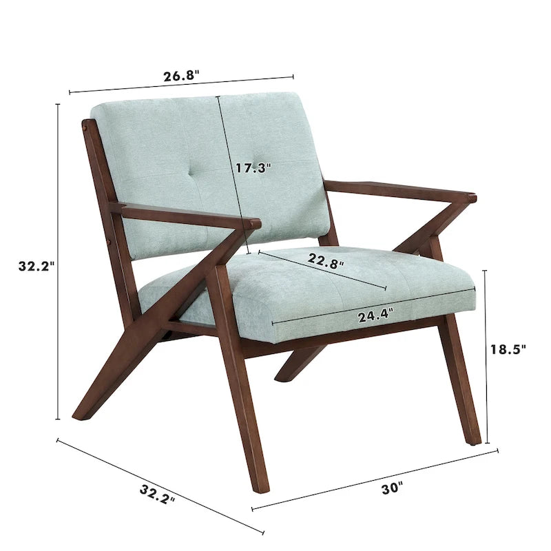 Fauteuil capitonné en tissu vert menthe de style Mid-Century avec piètement en bois massif en Z
