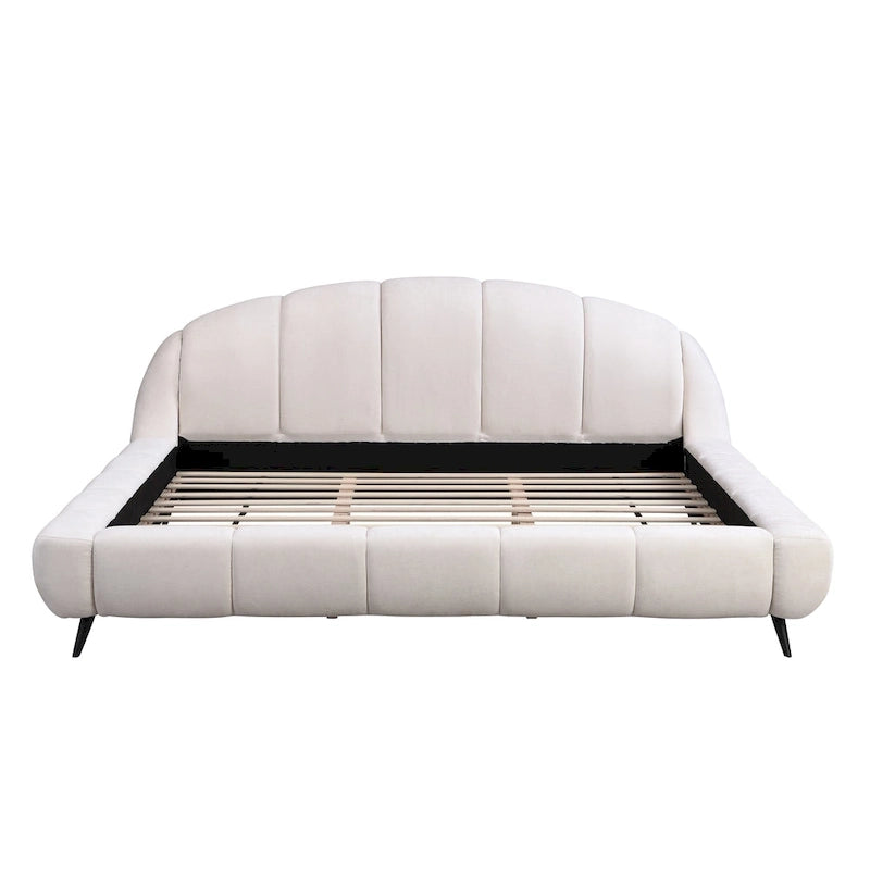 Lit plateforme King Size rembourré en forme de coquille avec tête de lit courbée en chenille beige