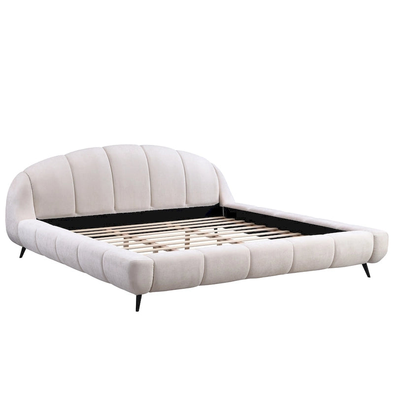 Lit plateforme King Size rembourré en forme de coquille avec tête de lit courbée en chenille beige