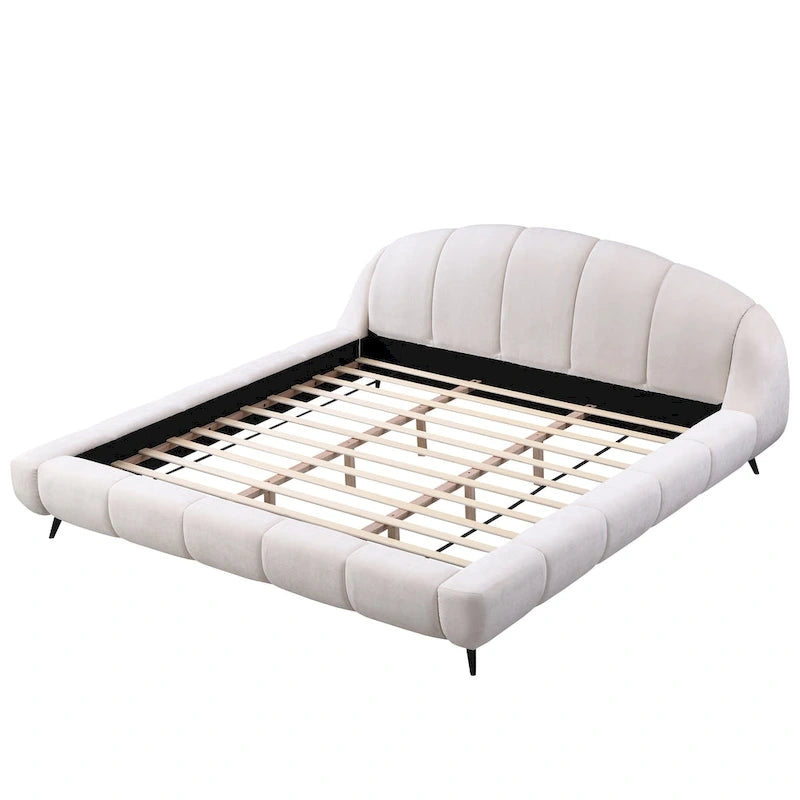 Lit plateforme King Size rembourré en forme de coquille avec tête de lit courbée en chenille beige