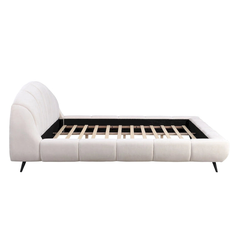 Lit plateforme King Size rembourré en forme de coquille avec tête de lit courbée en chenille beige