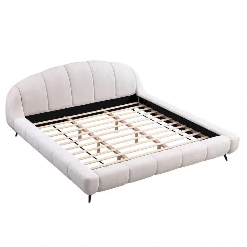 Lit plateforme King Size rembourré en forme de coquille avec tête de lit courbée en chenille beige