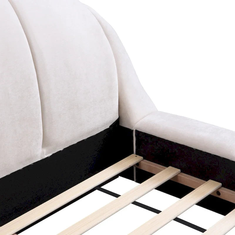 Lit plateforme King Size rembourré en forme de coquille avec tête de lit courbée en chenille beige