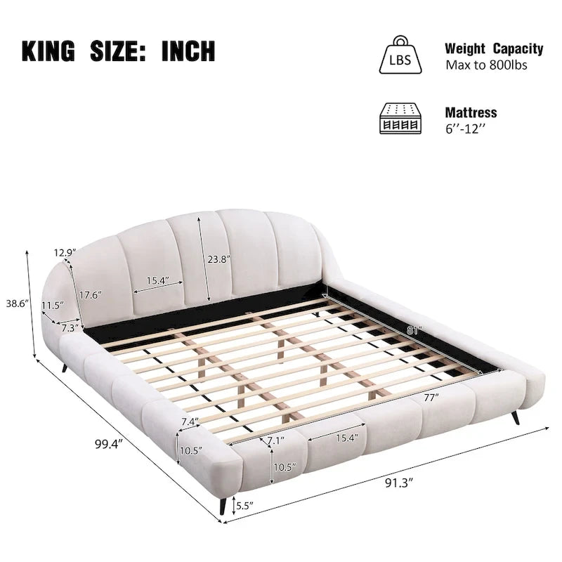 Lit plateforme King Size rembourré en forme de coquille avec tête de lit courbée en chenille beige