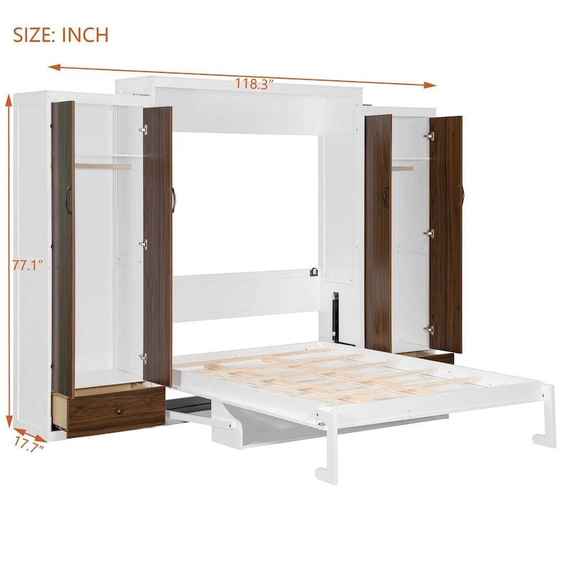 Lit escamotable mural blanc avec vérin hydraulique et éclairage LED