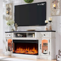 Meuble TV cheminée électrique de 70" de style ferme avec tiroirs de rangement et portes vitrées, blanc antique