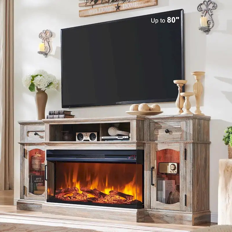 Meuble TV cheminée électrique de 70" de style ferme avec tiroirs de rangement et portes vitrées, blanc antique