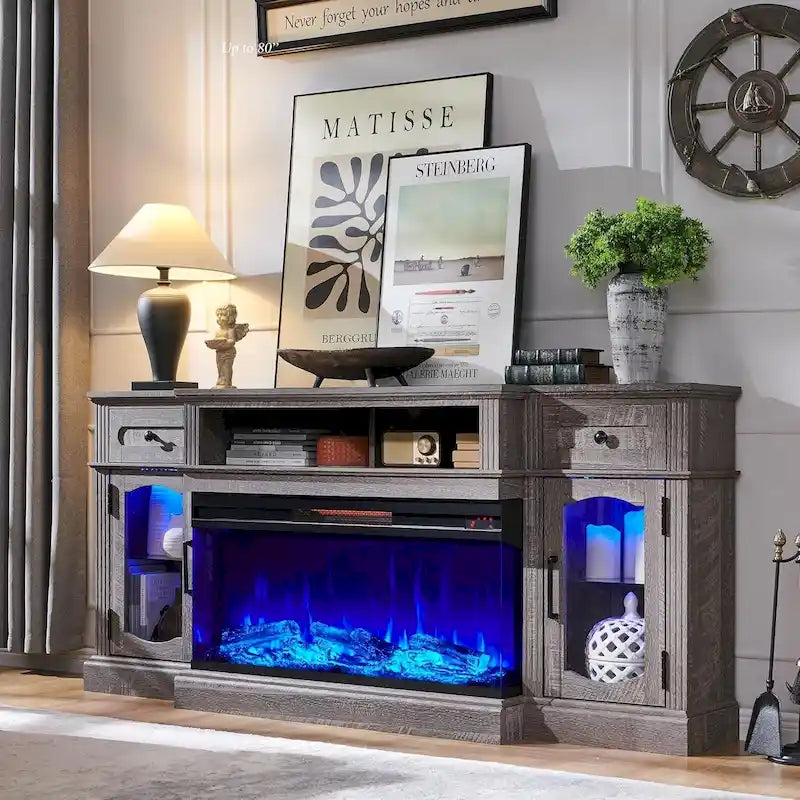 Meuble TV cheminée électrique de 70" de style ferme avec tiroirs de rangement et portes vitrées, blanc antique