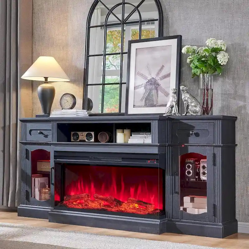 Meuble TV cheminée électrique de 70" de style ferme avec tiroirs de rangement et portes vitrées, blanc antique