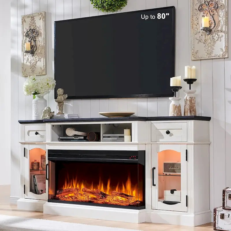 Meuble TV cheminée électrique de 70" de style ferme avec tiroirs de rangement et portes vitrées, blanc antique