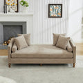 Chaise longue taupe en chenille avec garniture cloutée et pieds en noyer