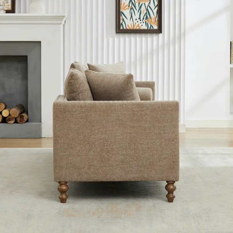 Chaise longue taupe en chenille avec garniture cloutée et pieds en noyer