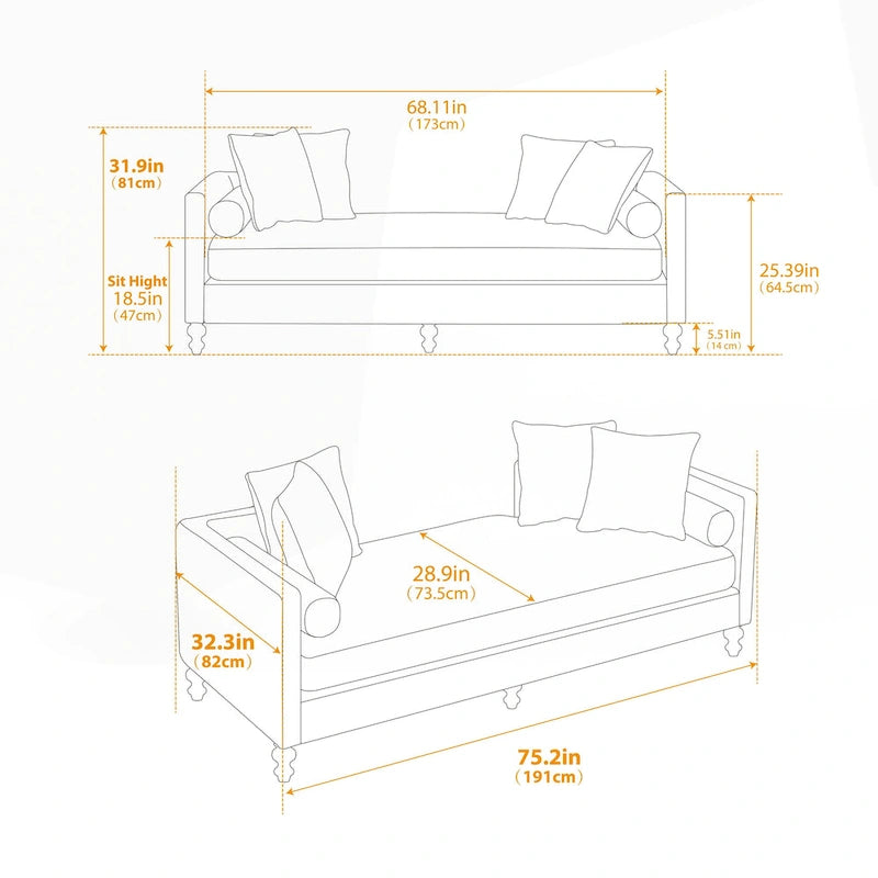 Chaise longue taupe en chenille avec garniture cloutée et pieds en noyer