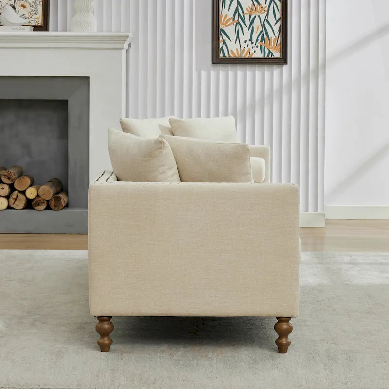 Chaise longue taupe en chenille avec garniture cloutée et pieds en noyer