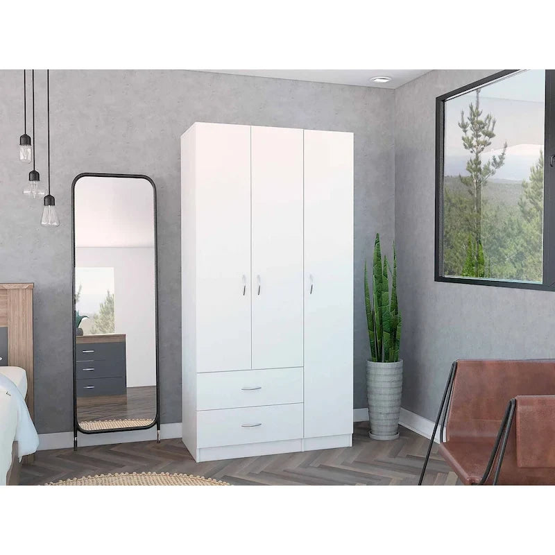 Armoire penderie 3 portes avec tiroirs, étagères et tringle, blanc et beige