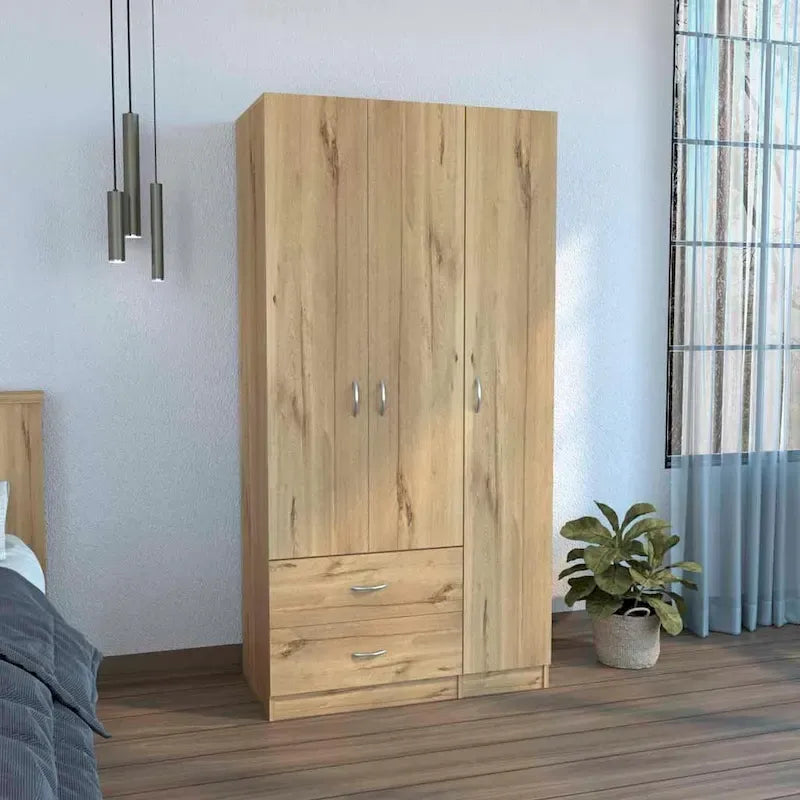 Armoire penderie 3 portes avec tiroirs, étagères et tringle, blanc et beige