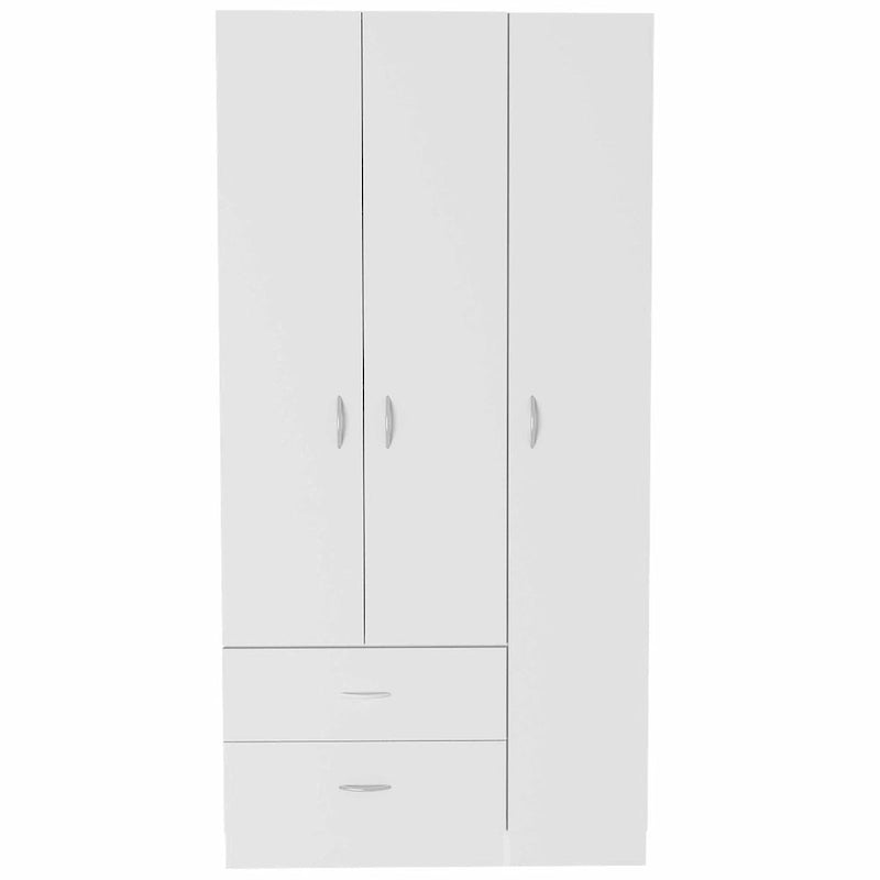 Armoire penderie 3 portes avec tiroirs, étagères et tringle, blanc et beige