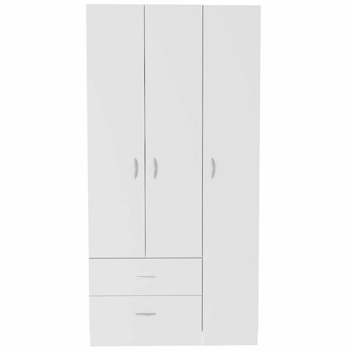 Armoire penderie 3 portes avec tiroirs, étagères et tringle, blanc et beige