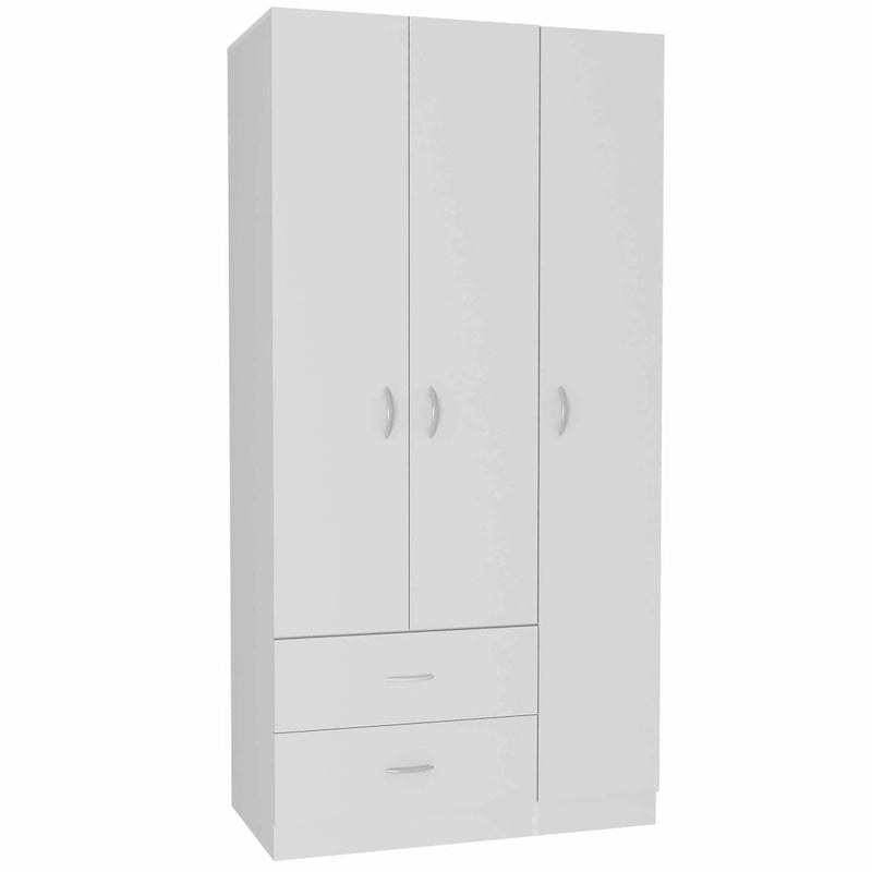 Armoire penderie 3 portes avec tiroirs, étagères et tringle, blanc et beige
