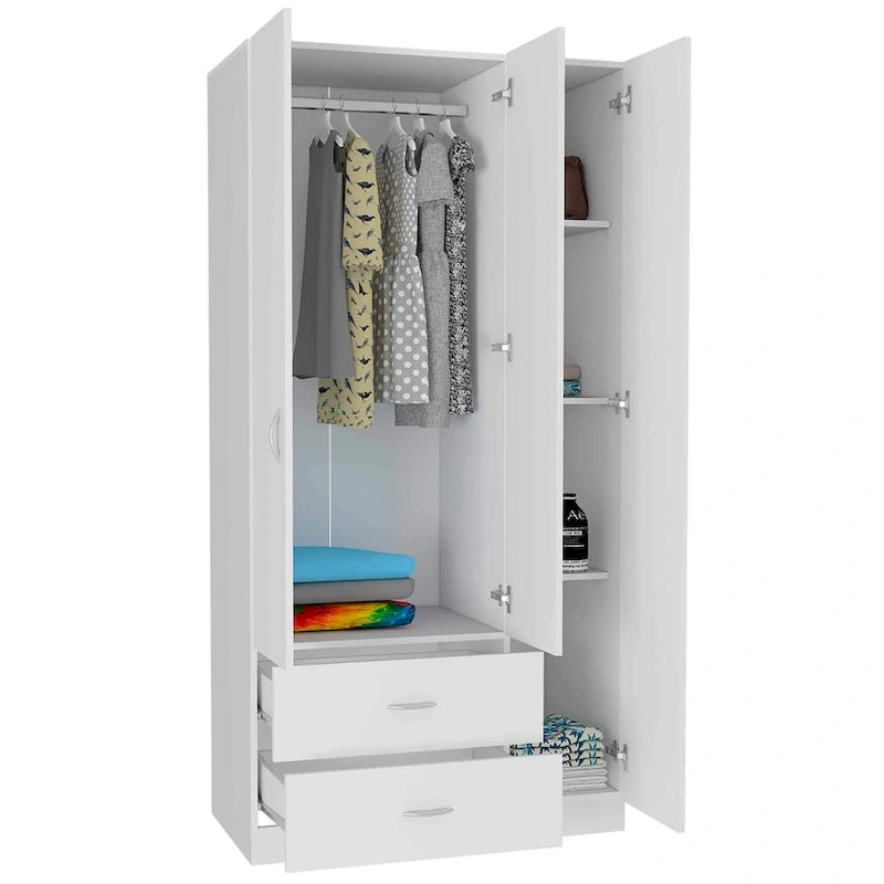 Armoire penderie 3 portes avec tiroirs, étagères et tringle, blanc et beige
