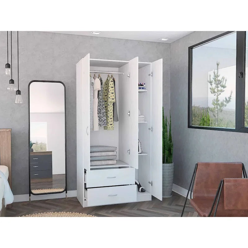 Armoire penderie 3 portes avec tiroirs, étagères et tringle, blanc et beige