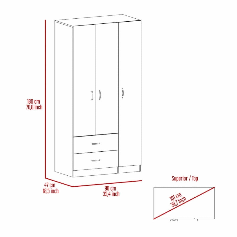 Armoire penderie 3 portes avec tiroirs, étagères et tringle, blanc et beige
