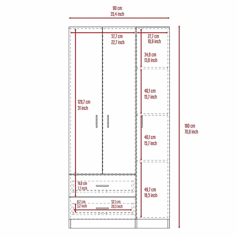 Armoire penderie 3 portes avec tiroirs, étagères et tringle, blanc et beige