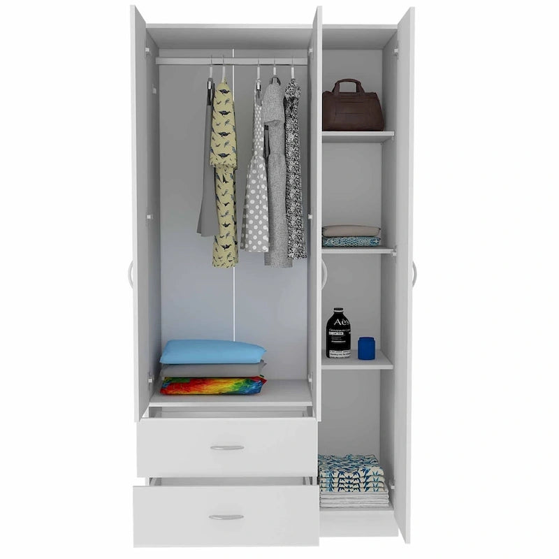 Armoire penderie 3 portes avec tiroirs, étagères et tringle, blanc et beige