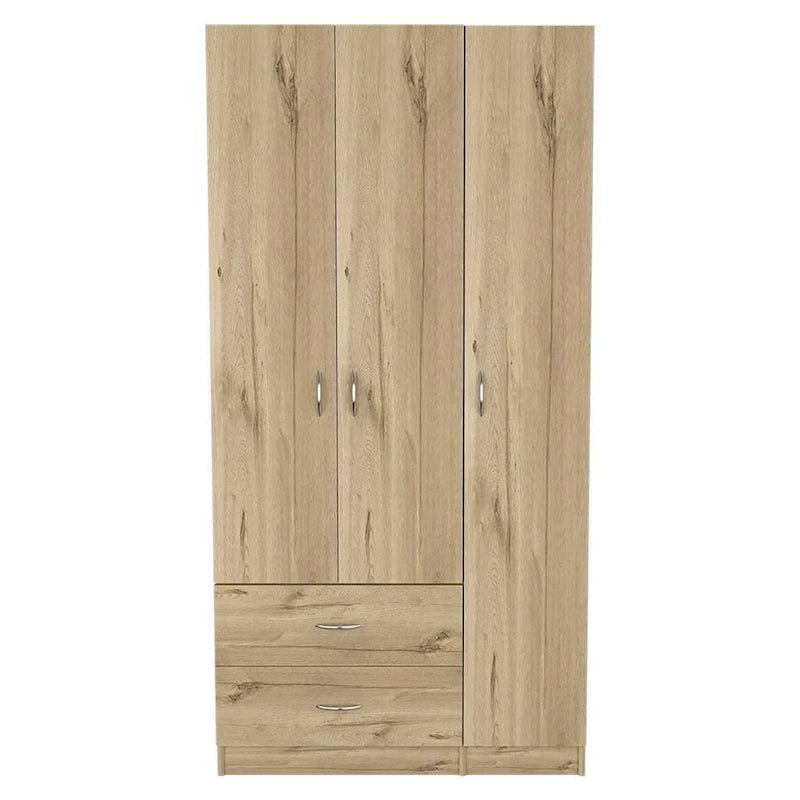 Armoire penderie 3 portes avec tiroirs, étagères et tringle, blanc et beige