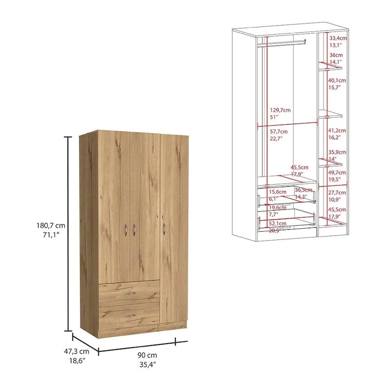 Armoire penderie 3 portes avec tiroirs, étagères et tringle, blanc et beige