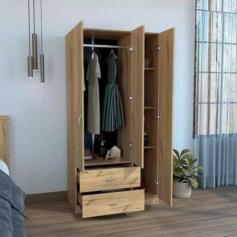 Armoire penderie 3 portes avec tiroirs, étagères et tringle, blanc et beige