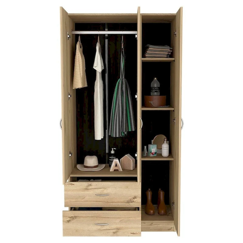 Armoire penderie 3 portes avec tiroirs, étagères et tringle, blanc et beige